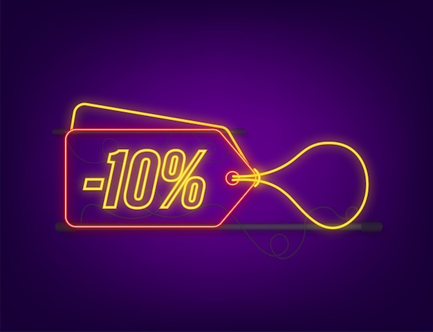 10% 할인 판매 할인 네온 태그. 할인 제안 가격표. 긴 그림자가 있는 10% 할인 프로모션 플랫 아이콘입니다. 벡터 일러스트 레이 션.