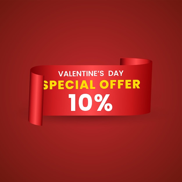 10 percent red elegant template of sale banner for valentine day with a scroll realistic red ribbon