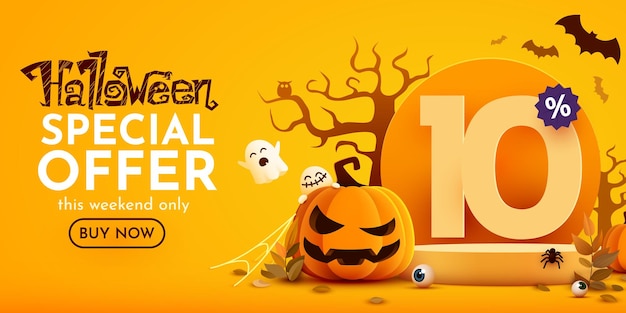 10 percents off halloween sale banner template podium and numbers with amount of discount special october offer vector illustration