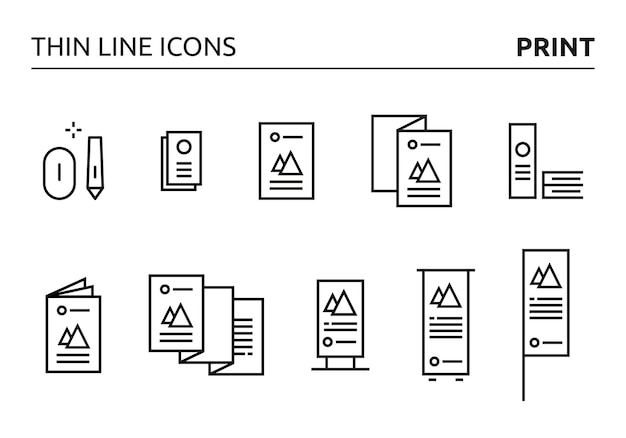 10 printelementpictogrammen ontworpen in dunne lijnstijl kleurenversie kunnen worden gebruikt voor webprint en logo