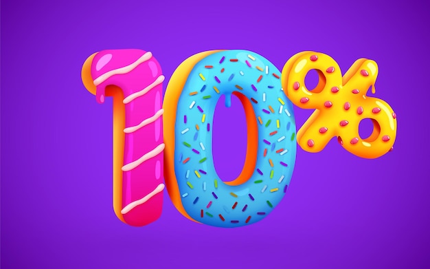 10 procent korting op korting dessert samenstelling 3d mega verkoop symbool met vliegende zoete donut nummers