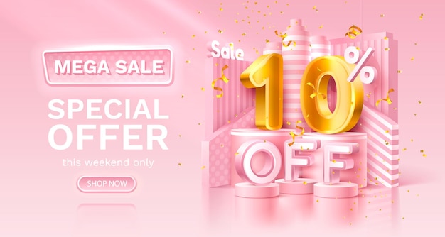 10 procent Speciale aanbieding mega sale gouden confetti podium en geschenkdoos Verkoop banner en poster