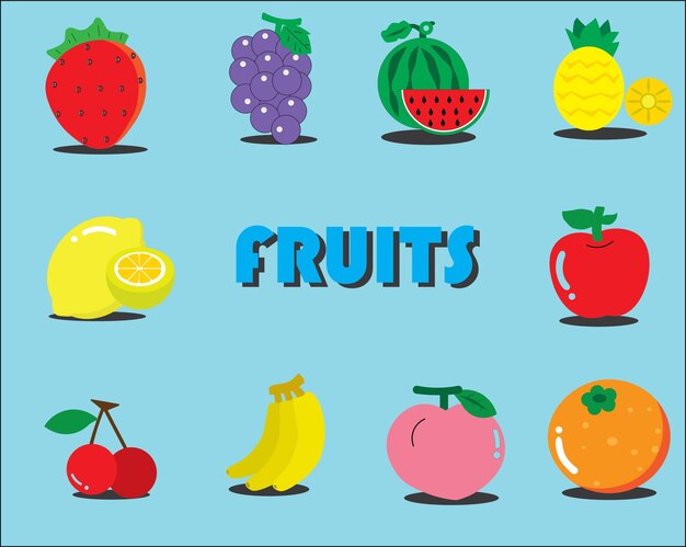 10 Set of Fruits in cartoon illustration made in vector design