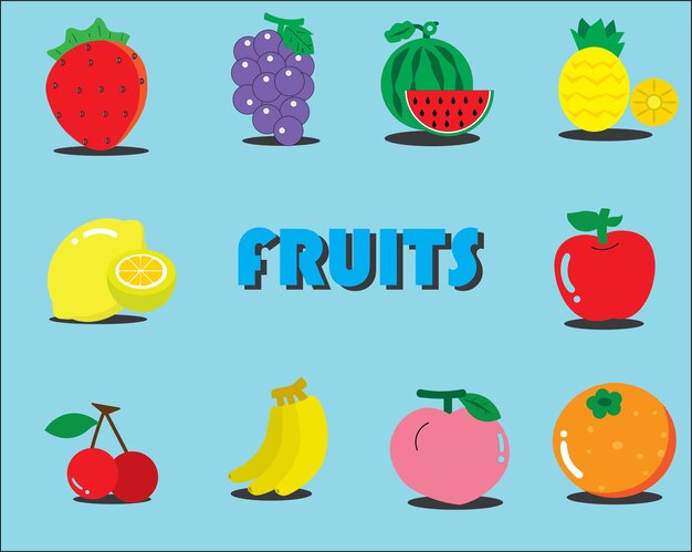 10 наборов фруктов в карикатурной иллюстрации, выполненной в векторном дизайне