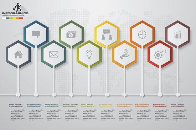 Elemento di infografica timeline astratta di 10 passi.