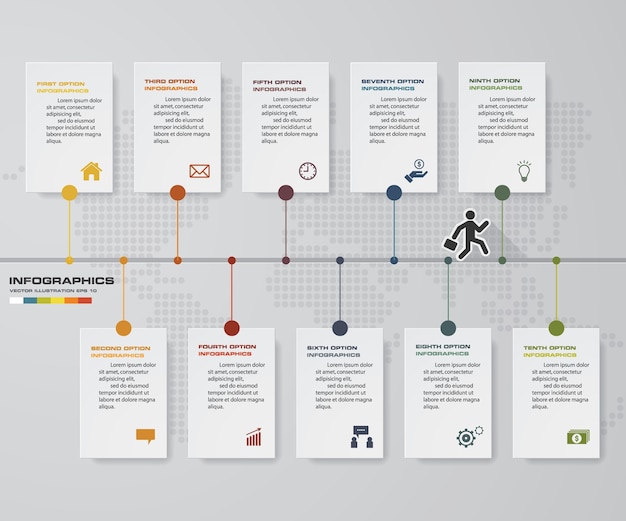 프레젠테이션을위한 10 단계 타임 라인 인포 그래픽.