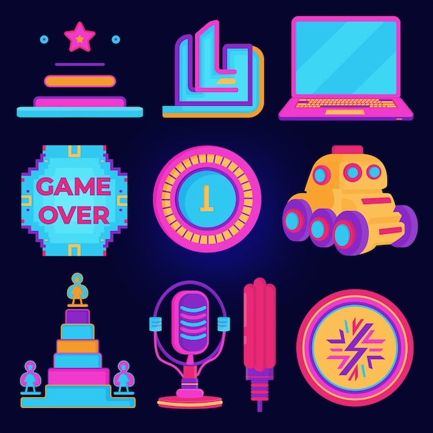 10 illustrazioni di icone di videogiochi impostate isolate sullo sfondo colorato