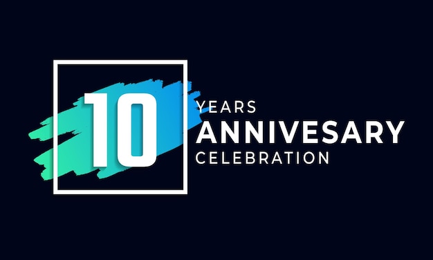 Vector 10 year anniversary celebration with blue brush and square symbol isolated on black background