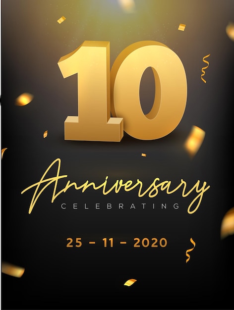 Vector 10 years anniversary celebration event. golden vector birthday or wedding party congratulation anniversary 10th.