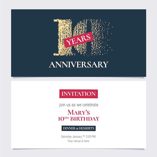 10 years anniversary invitation, 10th anniversary party or dinner invite with body copy