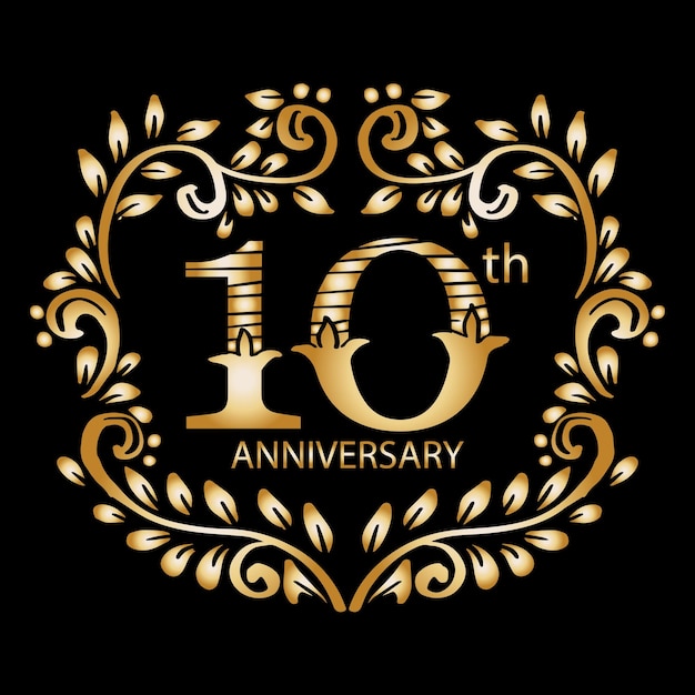 Vector 10 years anniversary in ornate frame with floral decoration