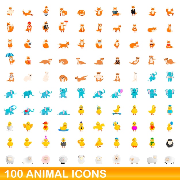 100匹の動物アイコンが設定されています。分離された100の動物アイコンセットの漫画イラスト