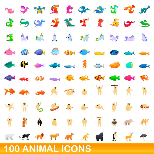 100 animal icons set. Cartoon illustration of 100 animal icons vector set isolated on white background