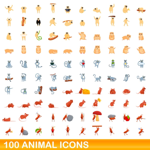 100 animal icons set. Cartoon illustration of 100 animal icons vector set isolated on white background