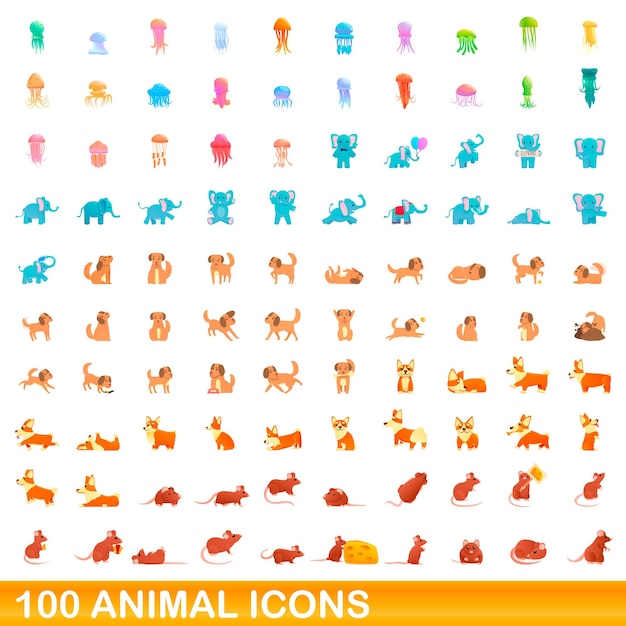 100 animal icons set. Cartoon illustration of 100 animal icons vector set isolated on white background