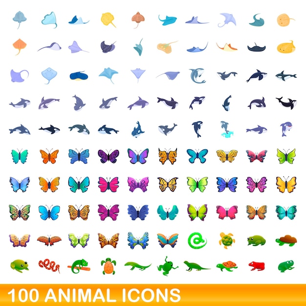 Набор из 100 икон животных. Карикатура на 100 векторных иконок животных, выделенных на белом фоне