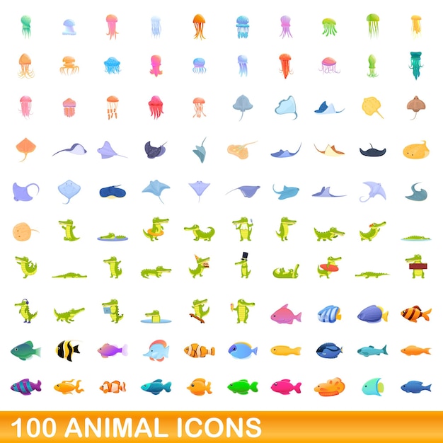 100 animal icons set, cartoon style