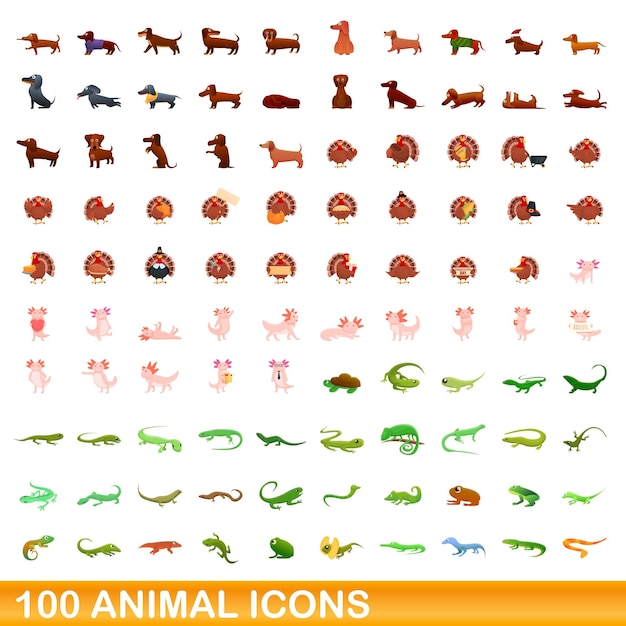 100 animal icons set, cartoon style