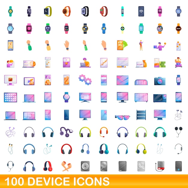 100 apparaatpictogrammen ingesteld. Cartoon illustratie van 100 apparaatpictogrammen geplaatst geïsoleerd