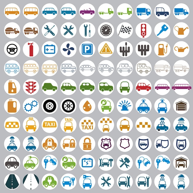 100 auto- en transportpictogrammen, vectorkleurenset.