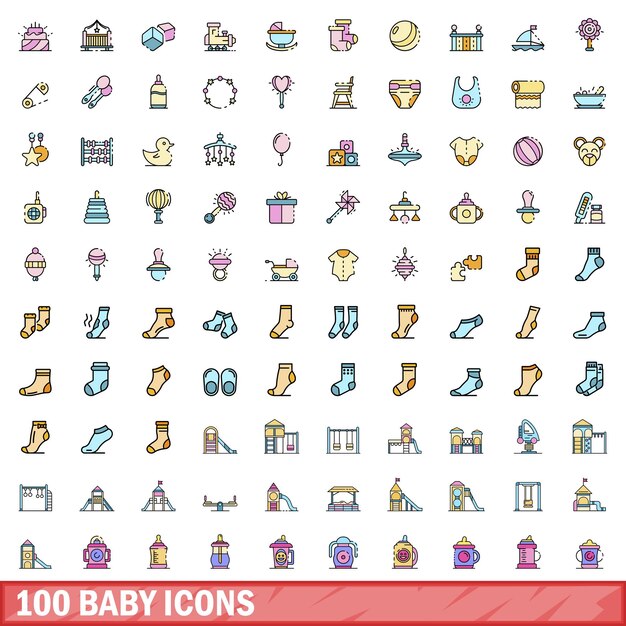 Vector 100 baby icons set color line style