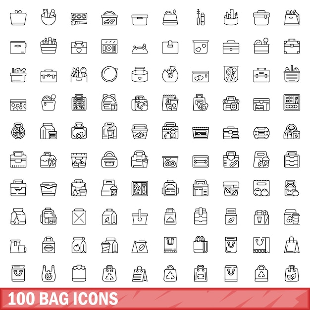 100 bag icons set outline style