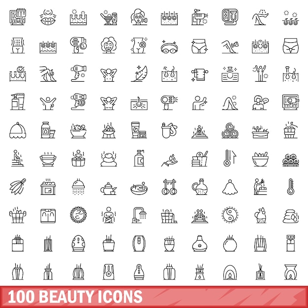 100 beauty icons set outline style