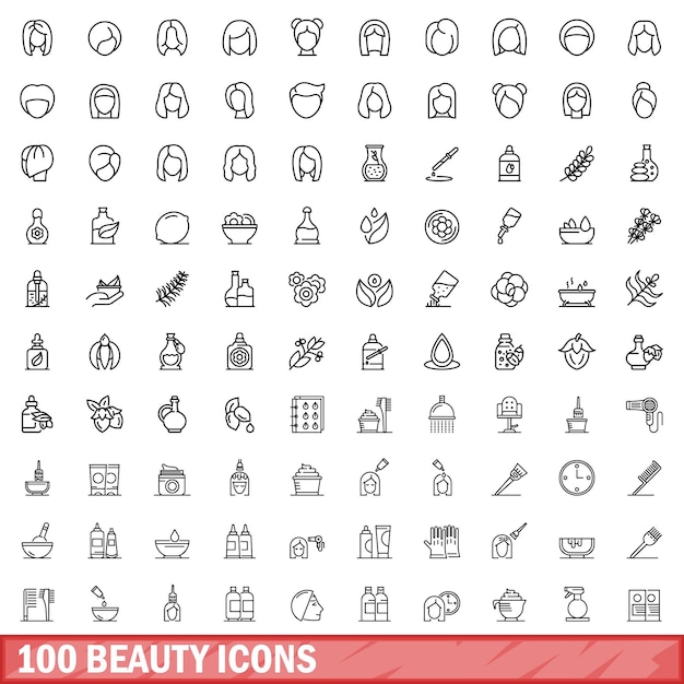 100 beauty icons set outline style