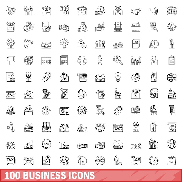 Vector 100 business icons set outline style