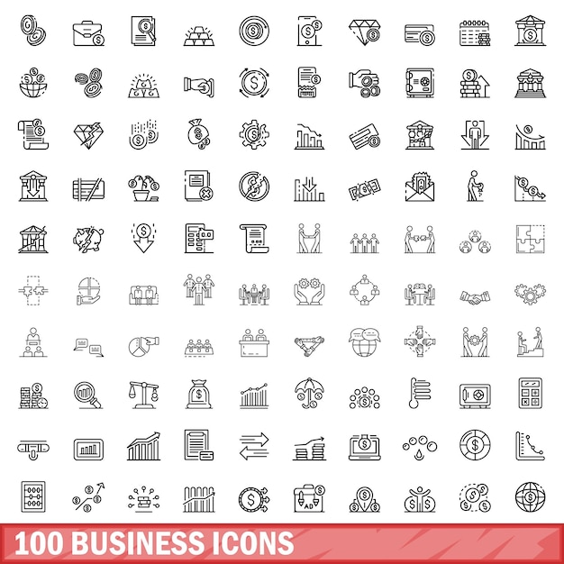 Vector 100 business icons set outline style