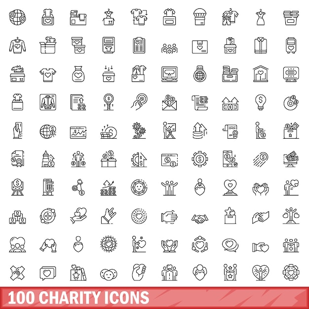 100 charity icons set outline style