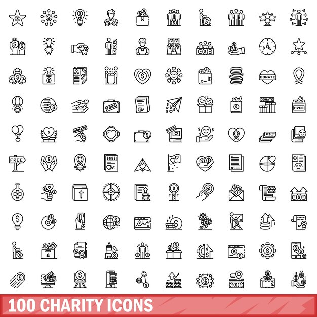 Vector 100 charity icons set outline style
