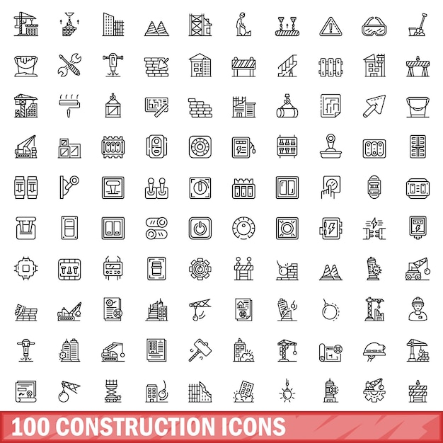 100 construction icons set outline style