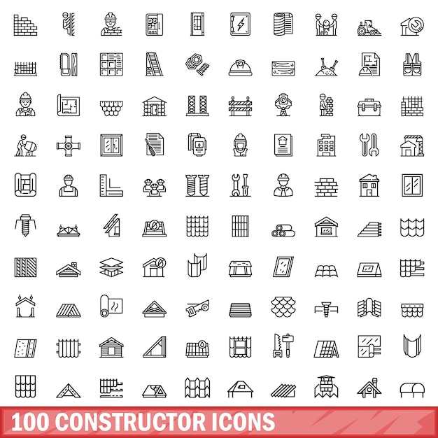 100개의 콘스트럭터 아이콘 세트 (Constructor Icon Set) 백색 바탕에 고립된 100개의 콘스턴터 아이콘 터 세트의 개요 일러스트레이션