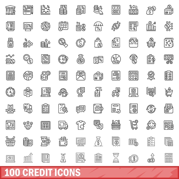 100 credit icons set outline style