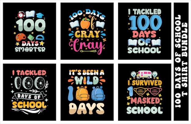 Vettore 100 giorni di scuola colorato t shirt design bundle vettore per la stampa su richiesta