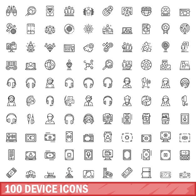 100 device icons set outline style