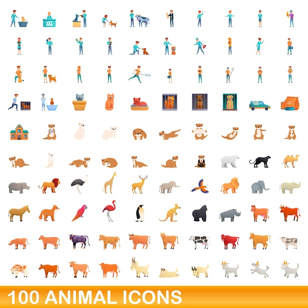 100 dieren iconen set, cartoon stijl