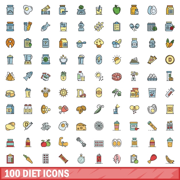 100 diet icons set color line style