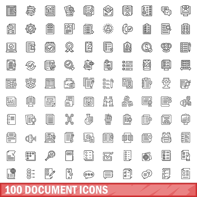 100 document icons set outline style