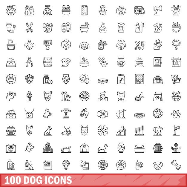 100 の犬のアイコン セット アウトラインのスタイル