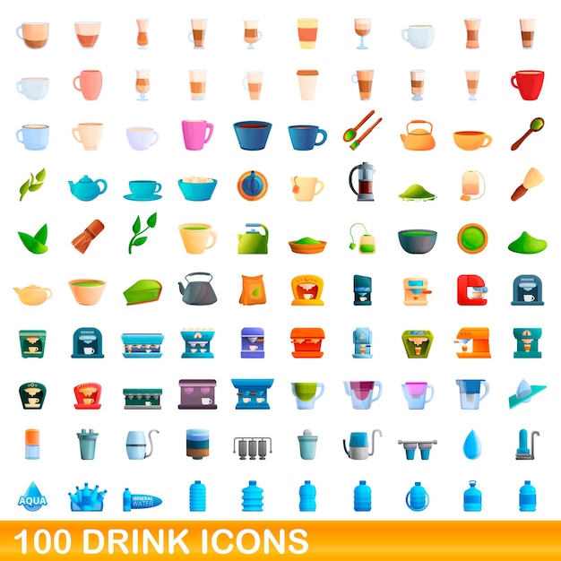 100 drank pictogrammen instellen. cartoon illustratie van 100 drank iconen set geïsoleerd