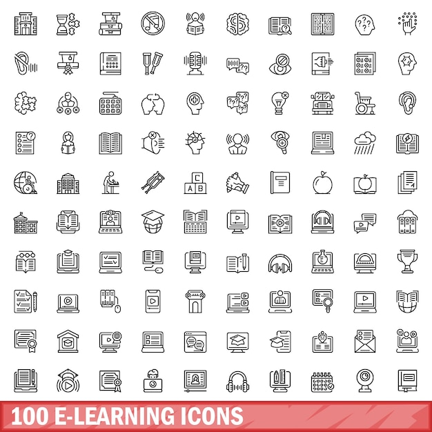 100 e-learning-iconset Outline illustratie van 100 e- leering-icons vector set geïsoleerd op witte achtergrond