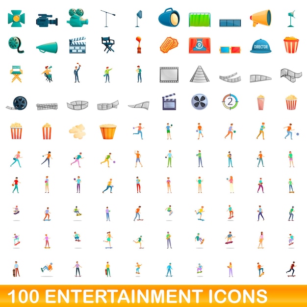 Набор из 100 развлекательных иконок. Карикатура на 100 векторных наборов развлекательных иконок, выделенных на белом фоне