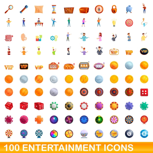 100 entertainment icons set. cartoon illustration of 100 entertainment icons vector set isolated on white background