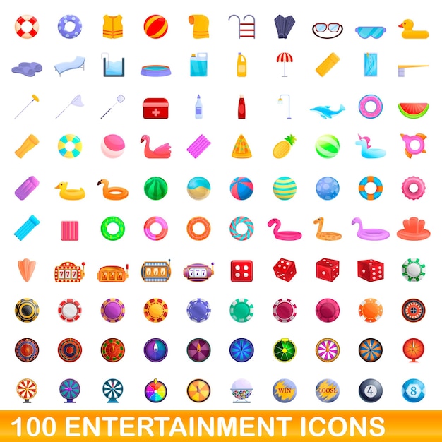 Набор иконок 100 развлечений. карикатура иллюстрации 100 развлекательных векторных иконок, изолированные на белом фоне
