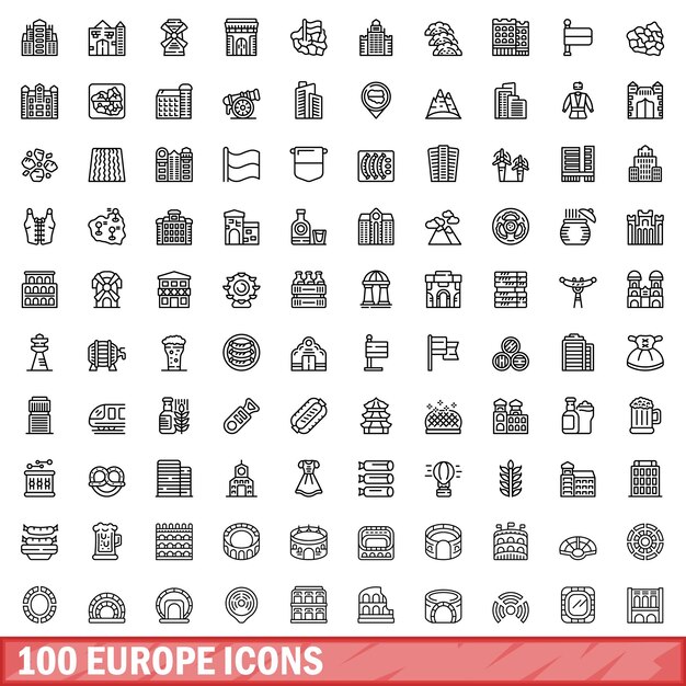 100 europe icons set outline style