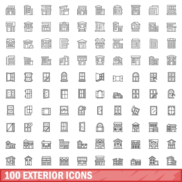 100 exterior icons set outline style