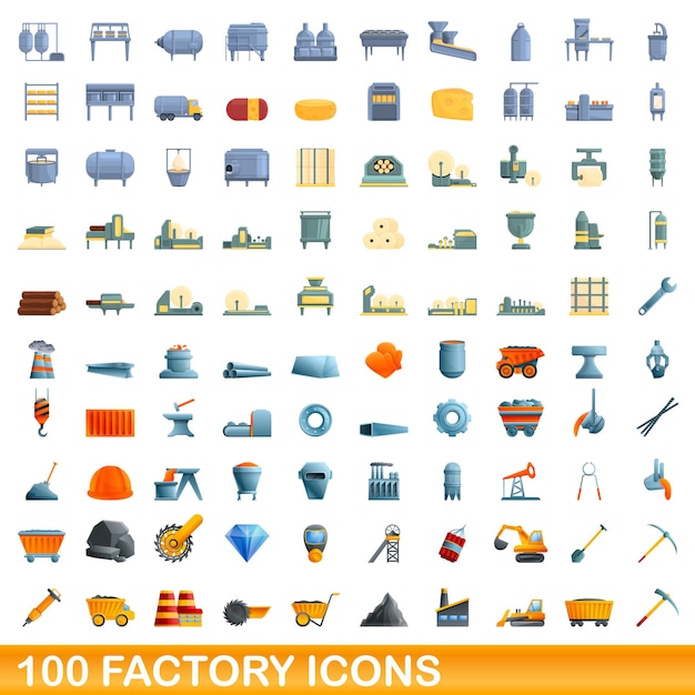 100 factory icons set. Cartoon illustration of 100 factory icons vector set isolated on white background