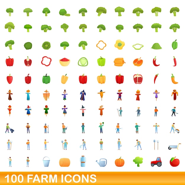 100 farm icons set. cartoon illustration of 100 farm icons vector set isolated on white background